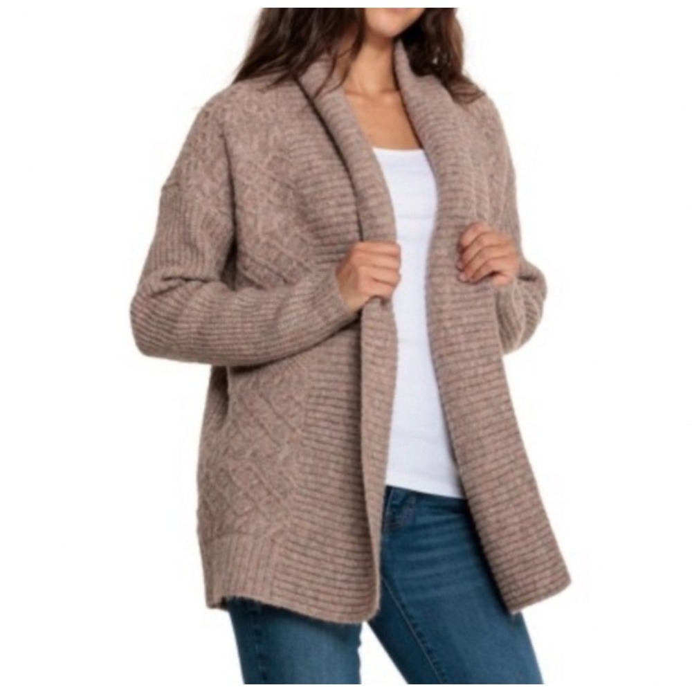 Frye Cable Knit Shawl Collar Open Front Cardigan Beige Brown Medium Cozy‎ Staple
